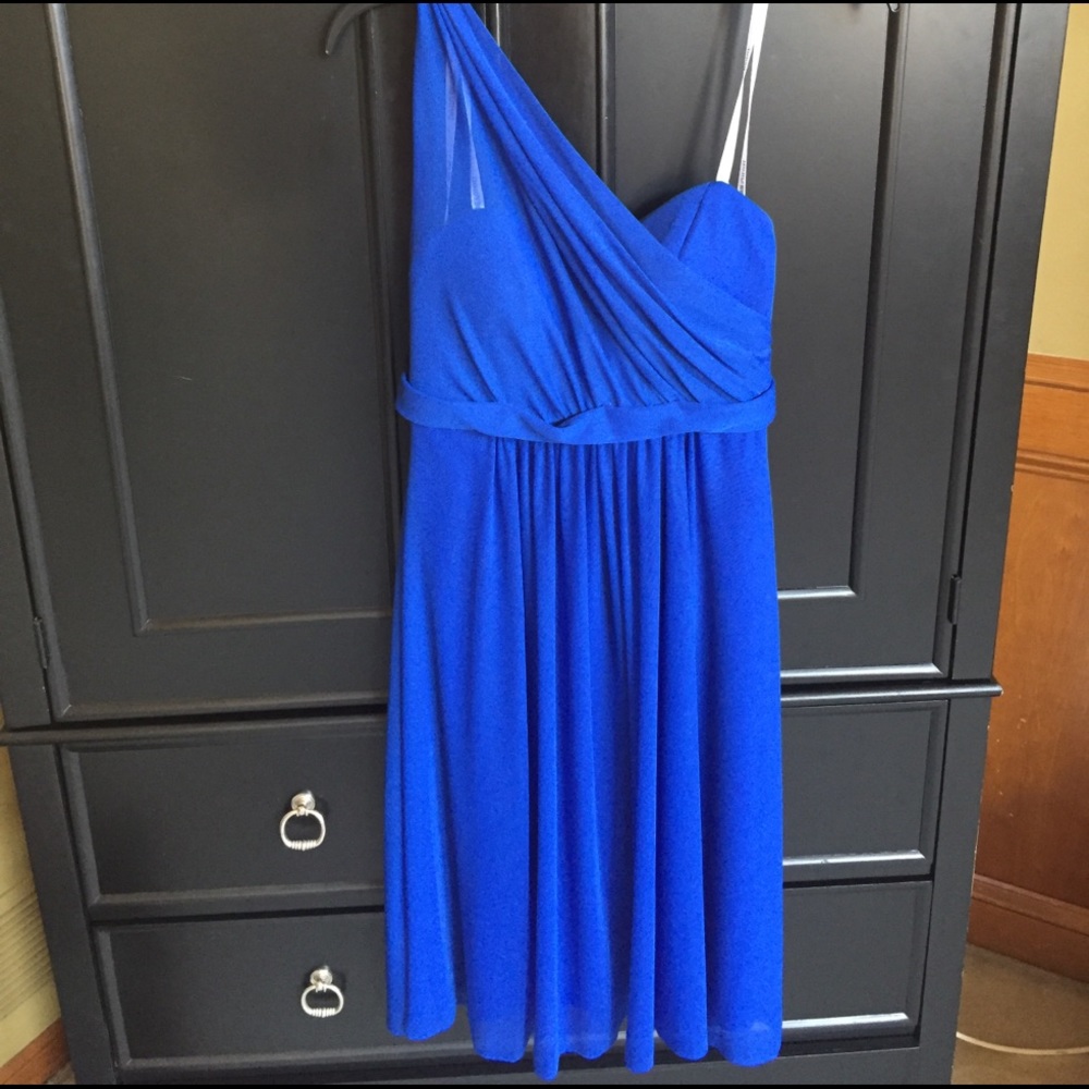 💙David's Bridal one-shoulder Horizon blue dress