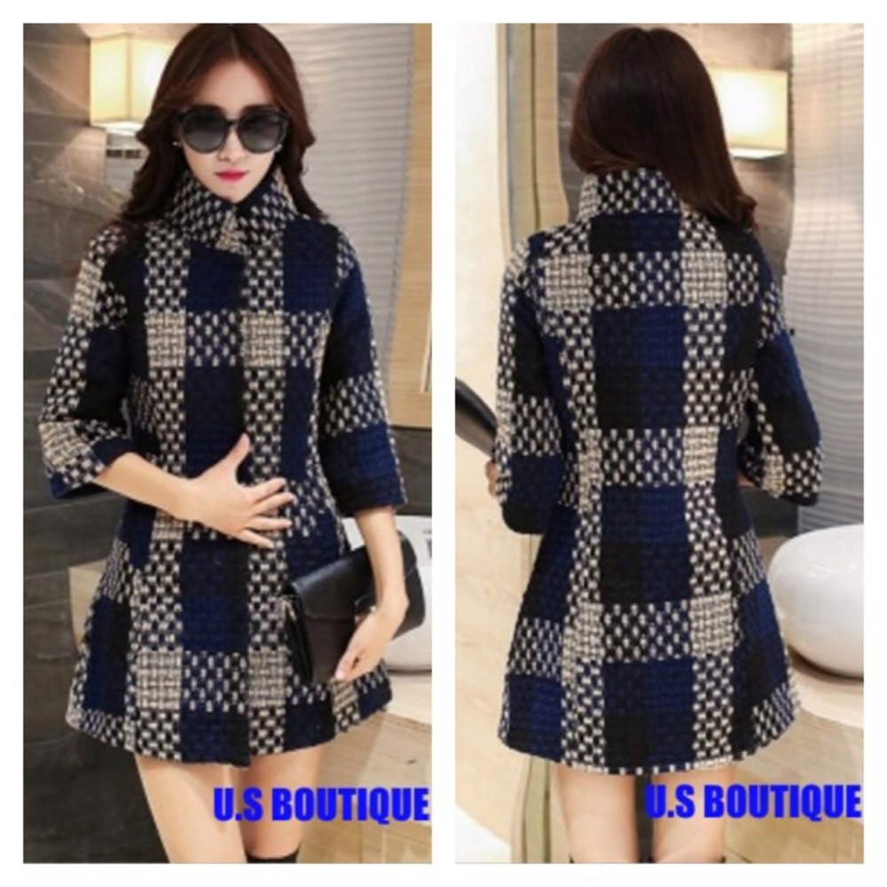 Plaid Stand Collar Half Sleeve Women’s Overcoat
