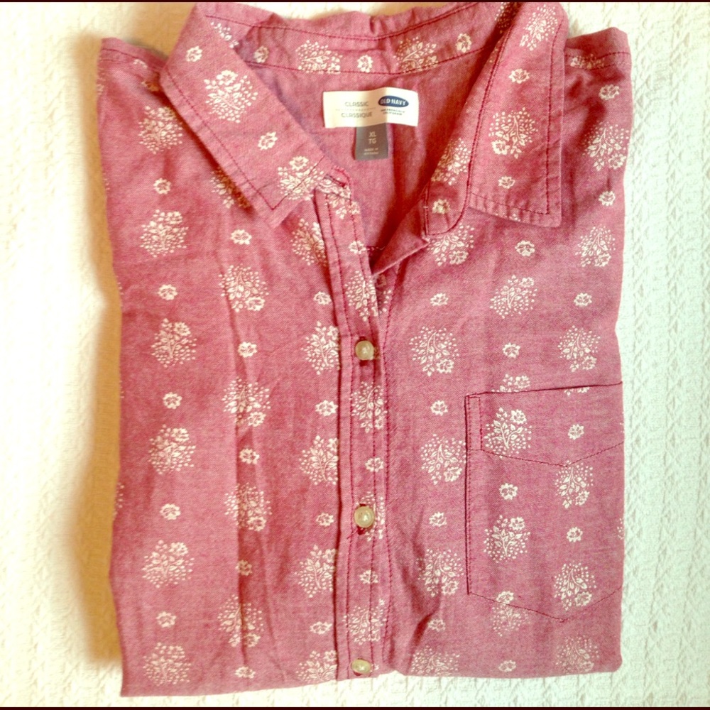 Maroon floral printed chambray shirt.