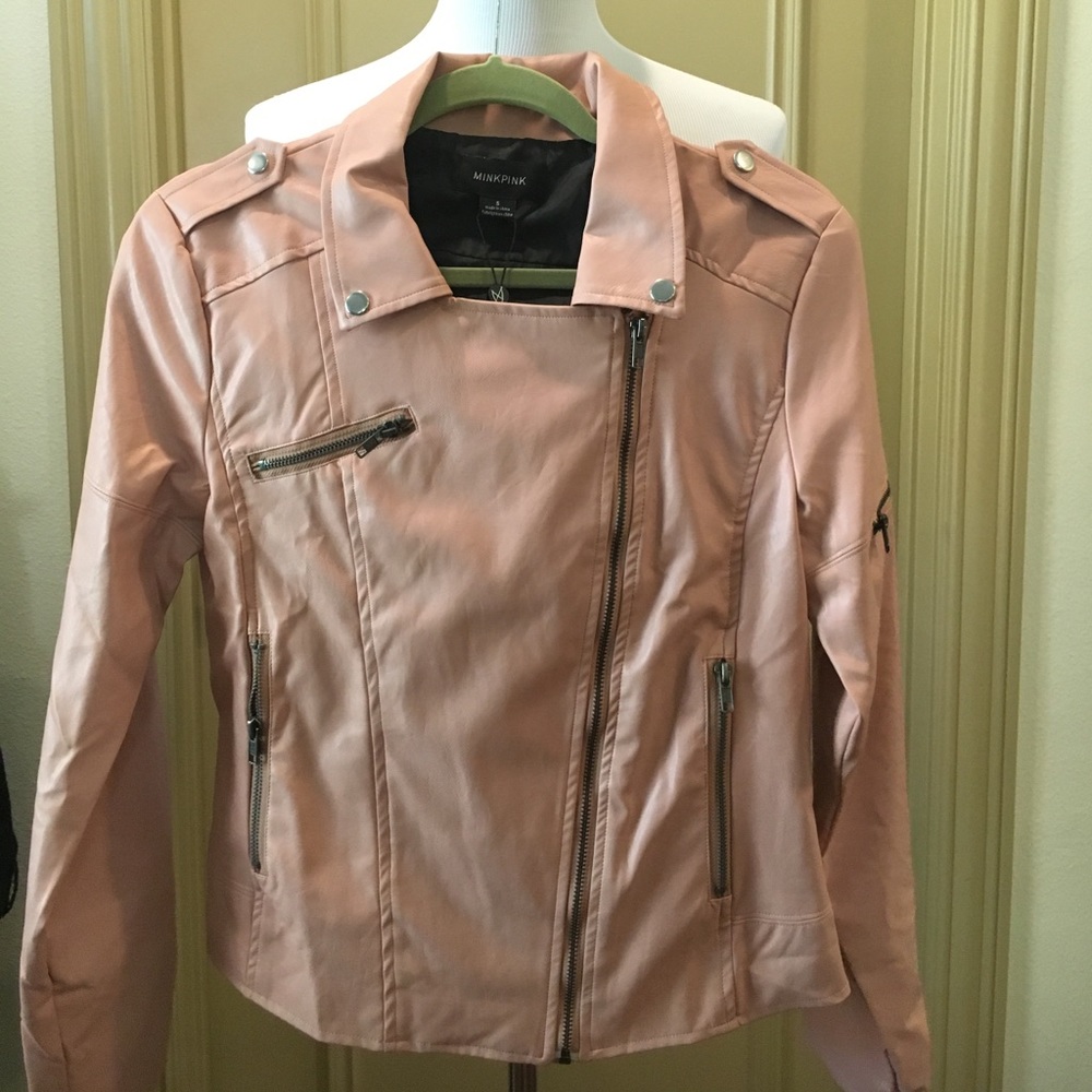 Pink crop faux leather biker jacket