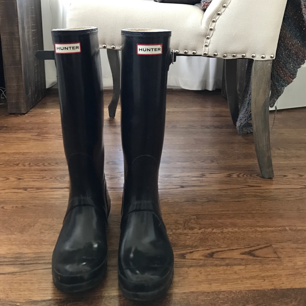 black, glossy, tall hunter boots