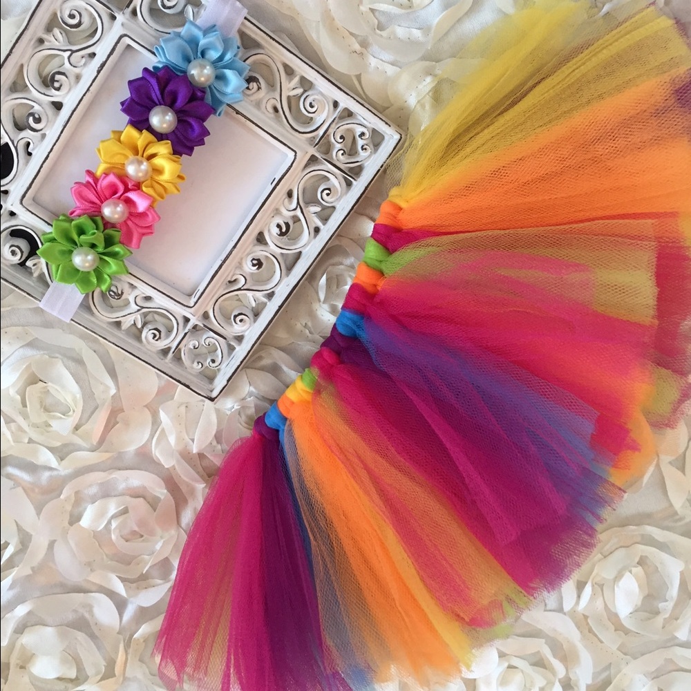 Baby Girl Rainbow Tutu & Headband Set Photo Prop - Picture 2 of 4