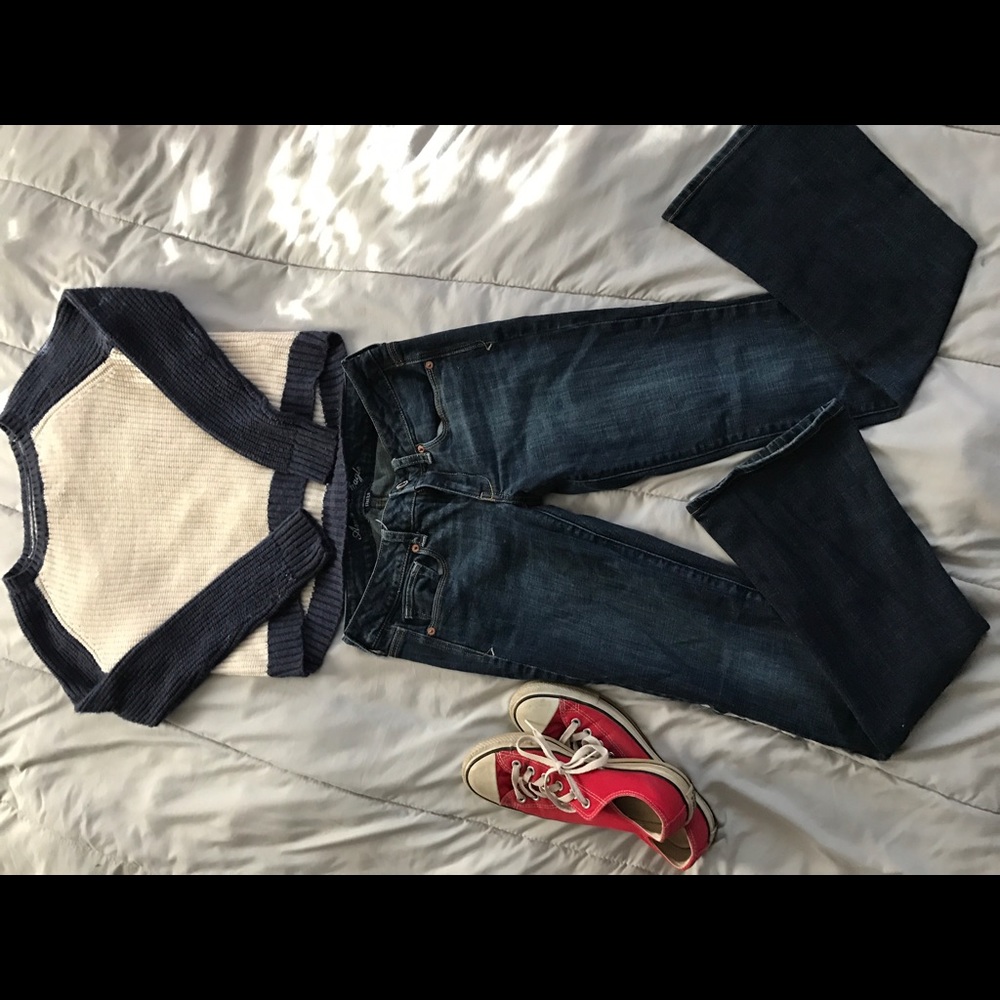 American Eagle, AE, dark rinse skinny kick jeans.