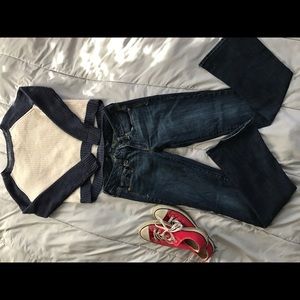American Eagle, AE, dark rinse skinny kick jeans.