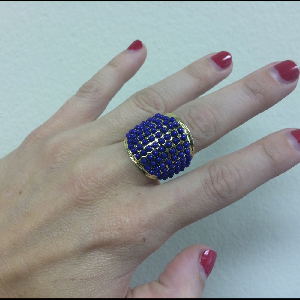 Wide Band Gold Ring w/ Royal Blue Glass Beads