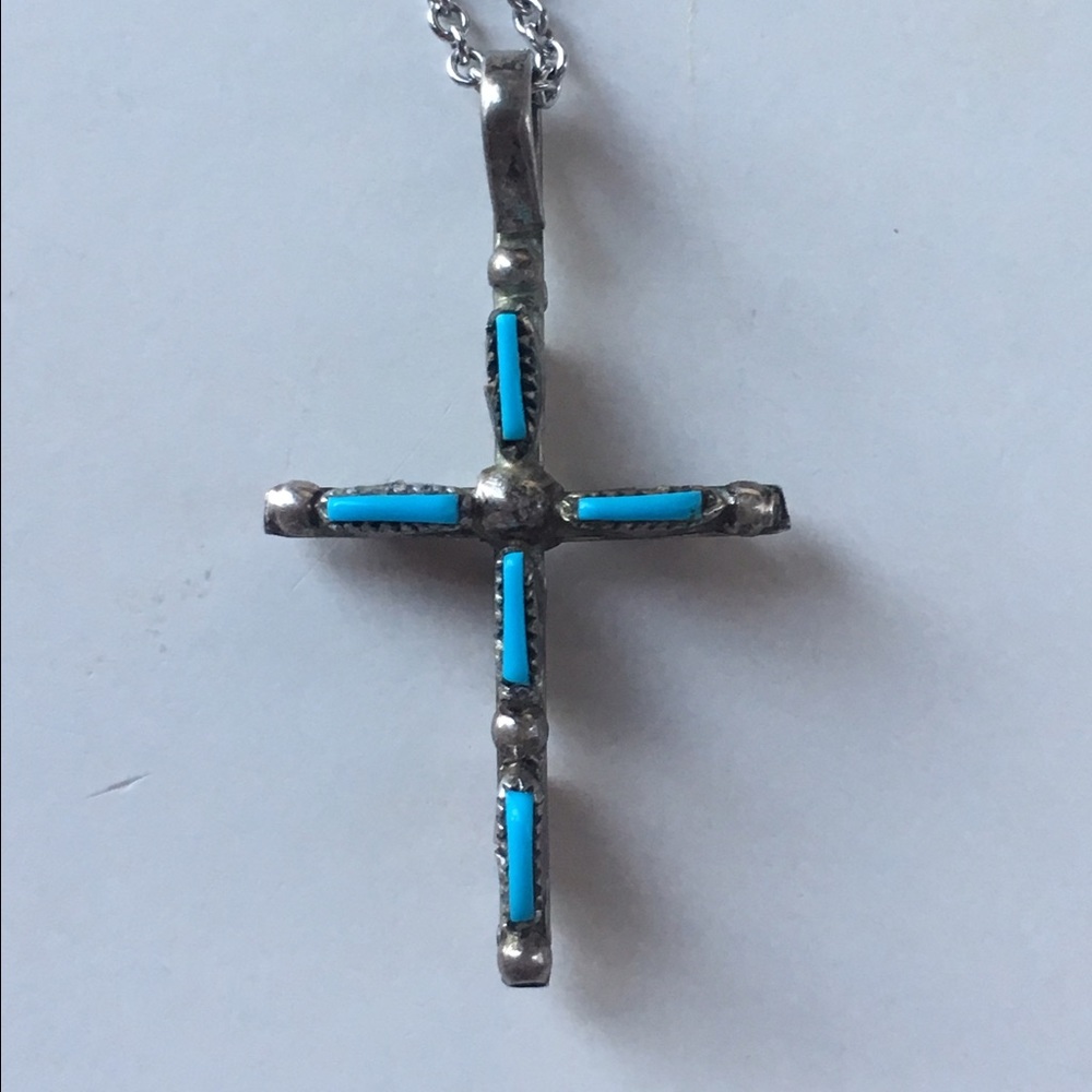 -VINTAGE TURQUOISE AND CORAL CROSS PENDANT-