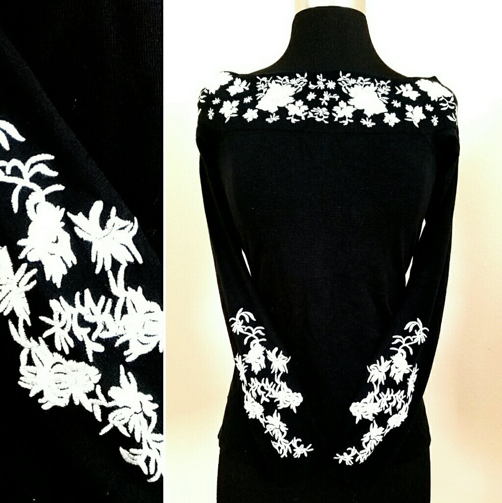 Black Embroidered Floral Off Shoulder Vtg Top