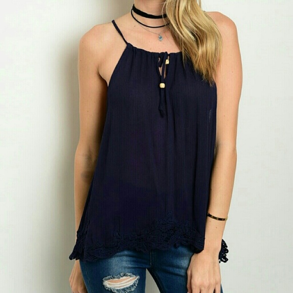 Tops - NAVY LACE TRIMMED TANK