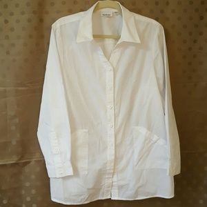 White button-down with slant pockets