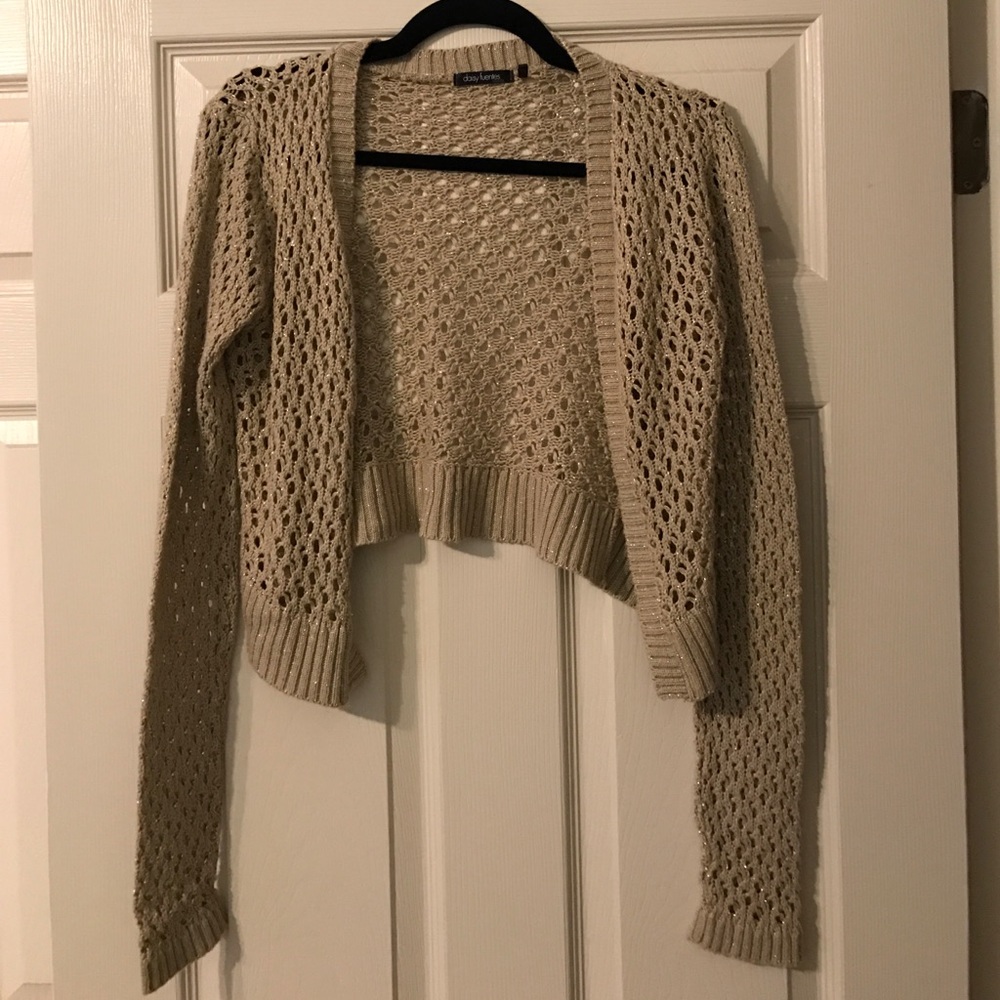 Tan cardigan with gold sparkle.