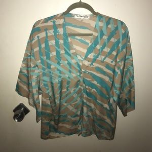 Tan/teal printed silk blouse by RaMona LaRue