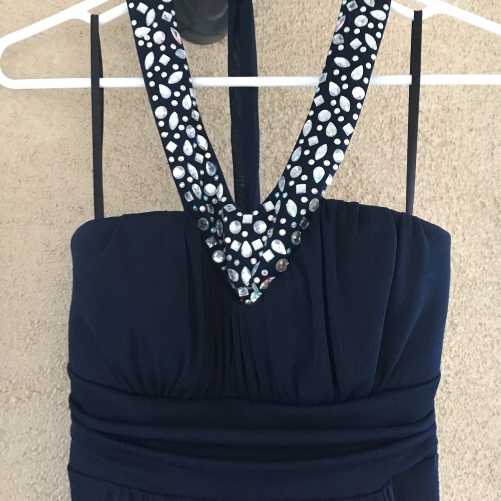 Blue Halter Prom Gown with Crystal Detail
