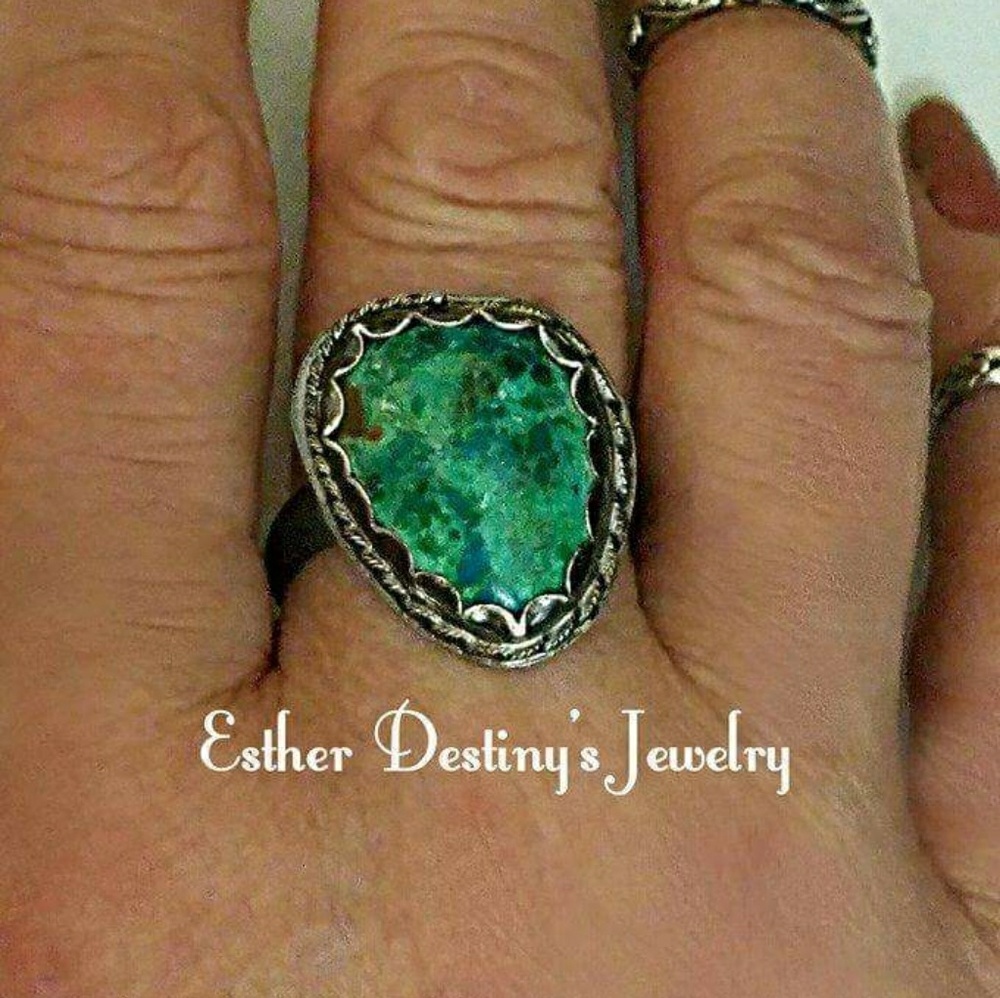 Unisex Chrysocolla 925 Silver Statement Ring