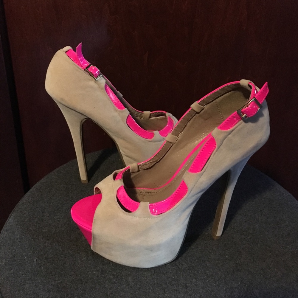 Beige and Hot Pink Platform Heels / EUC