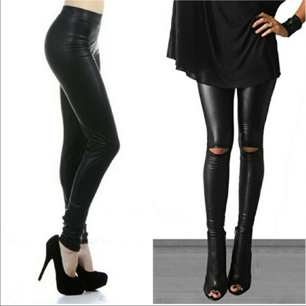 Faux Leather Leggings with Open Knee - Picture 4 of 4
