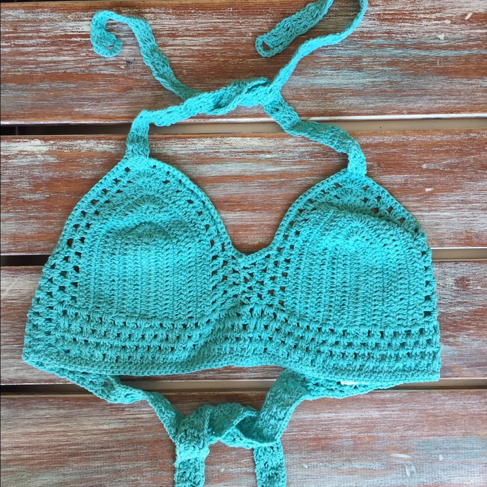 Turquoise crochet bikini top, crochet halter top