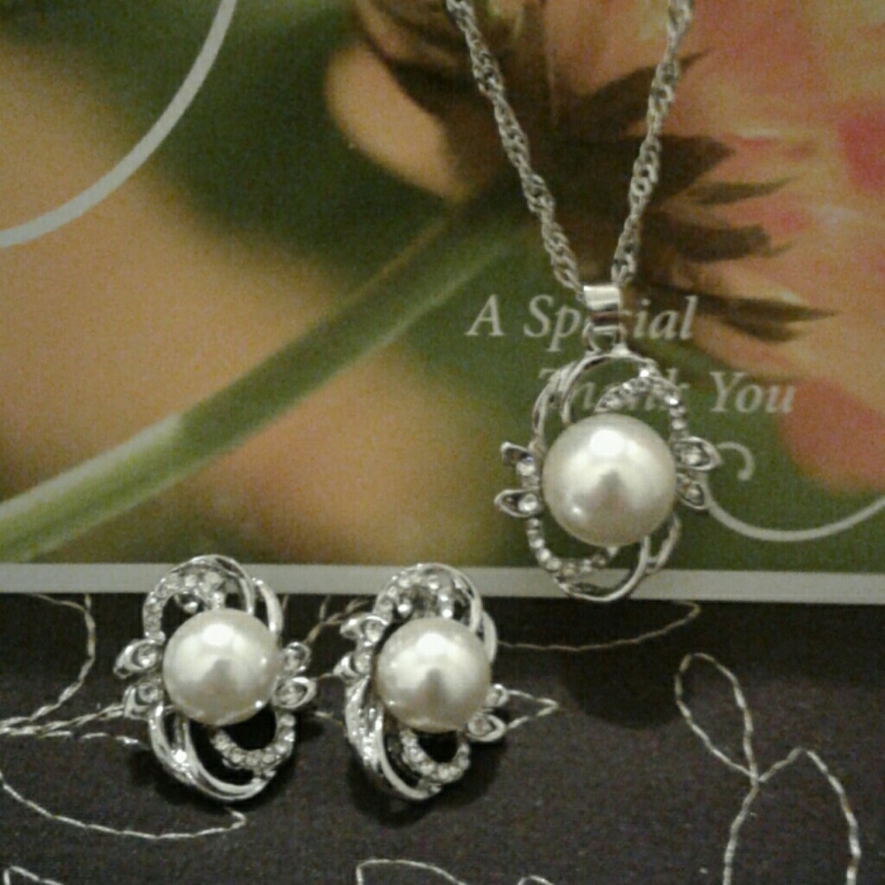 SOLD Pearl CZ Earring and Necklace Set!!