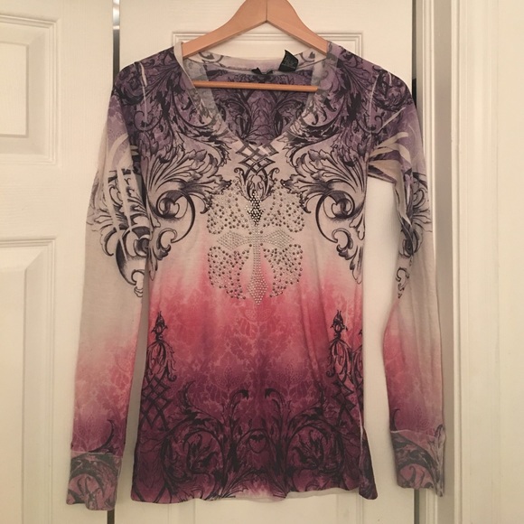 Long Sleeve Ombré Shirt with Rhinestone Detailing - Picture 1 of 4
