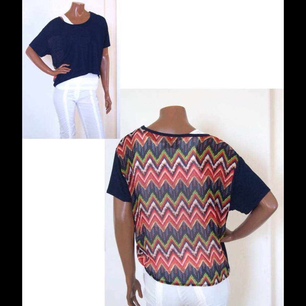 PINK ROSE - Navy Blue Tribal Back Print Top - Sz M