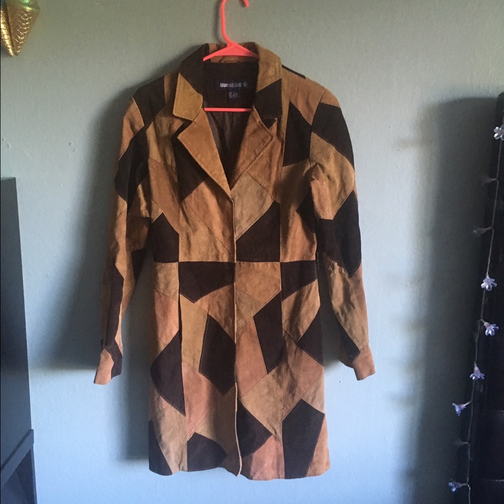 Blue asphalt leather long 80s patch work coat!