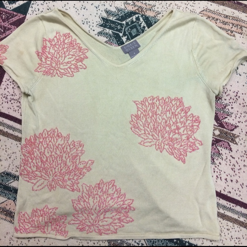 Cream top with pink beaded flowers