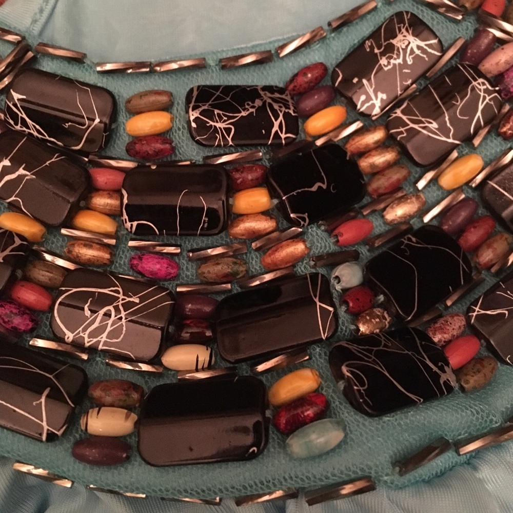 Tank top light blue, boho beaded embellished neck