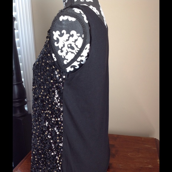 Loft top sequins blouse black gold sleeveless sz s - Picture 4 of 7