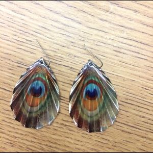 Peacock feather metallic costume earrings