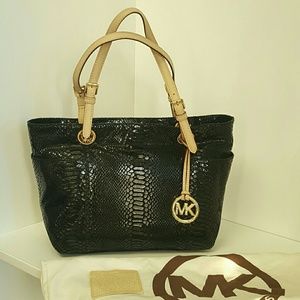 Michael Kors black phyton snakeskin east west tote