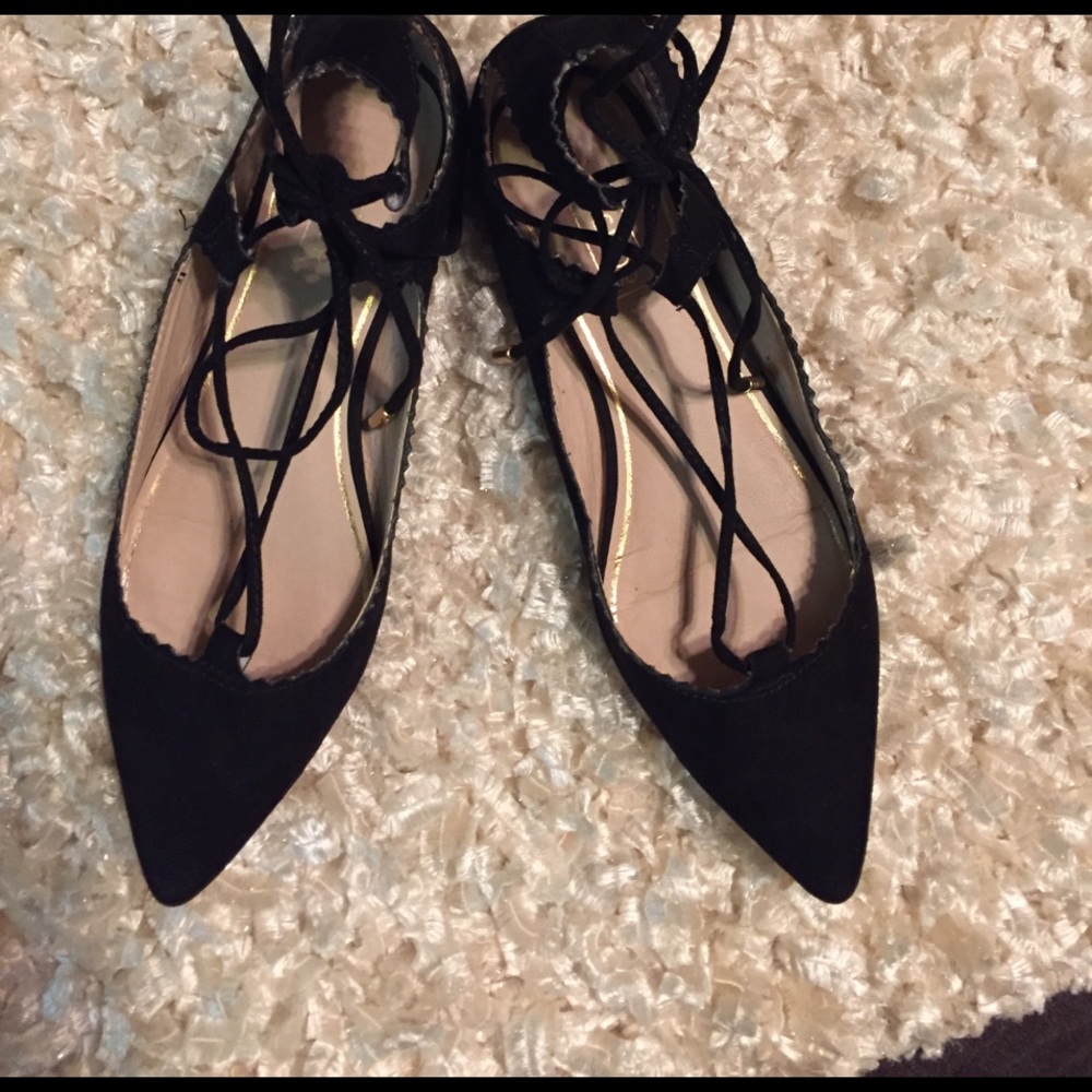 Top Shop Black Lace Up- Pointed Toe Flats
