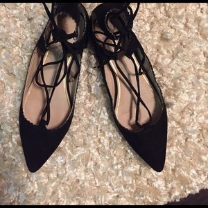 Top Shop Black Lace Up- Pointed Toe Flats