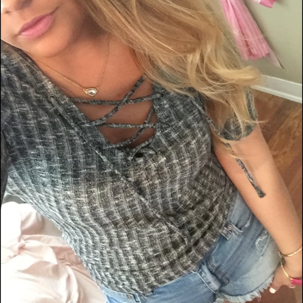 Grey lace up fitted top