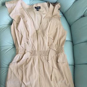 BEBE Tan ruffle dress, size large.