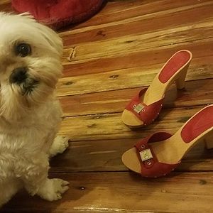 Chanel red suede wood sandals mules 35