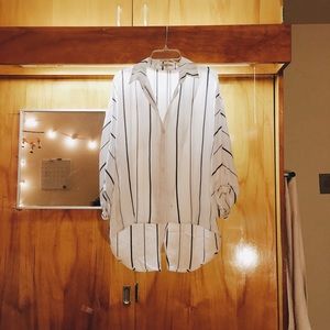 White and Navy Striped Button Up Blouse