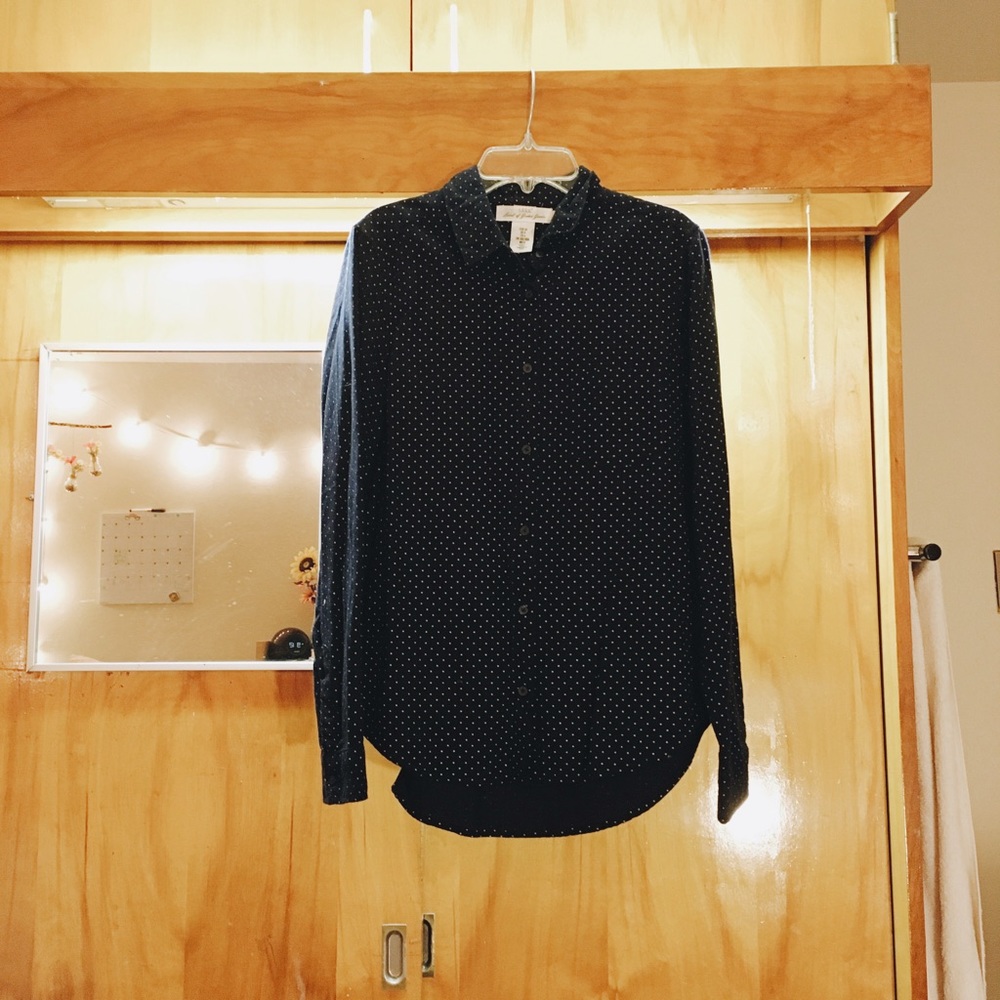 Navy White PolkaDot Button Up Long Sleeve