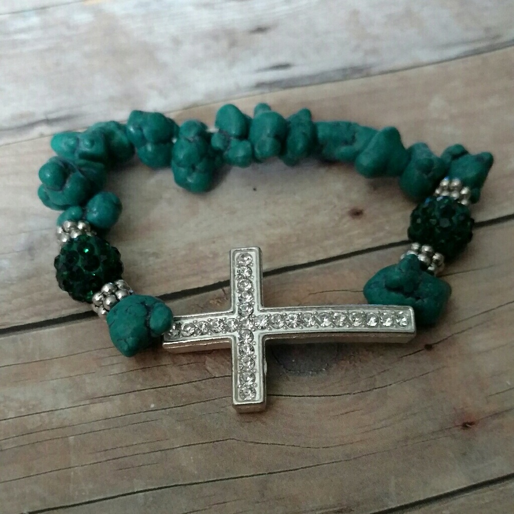 Rhinestone cross with green turqouise nugget beads