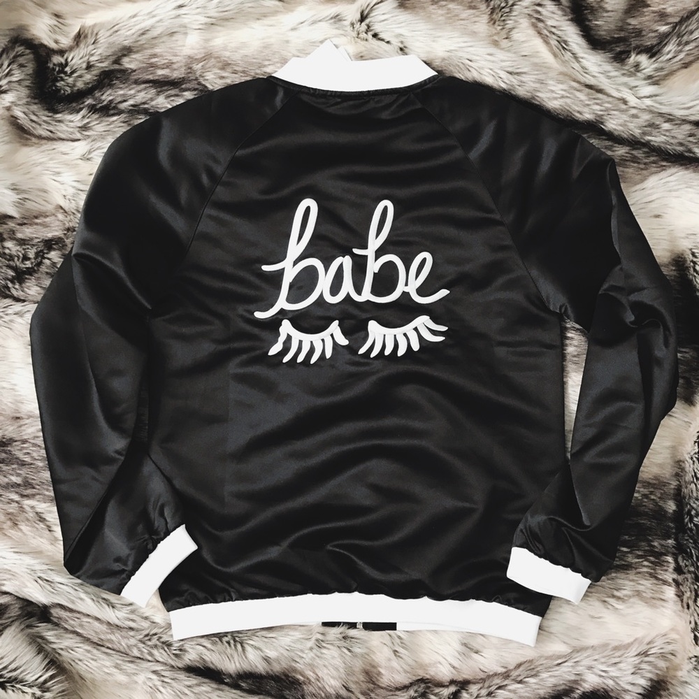 Black + White “Babe” Embroidered Bomber Jacket - Picture 2 of 6