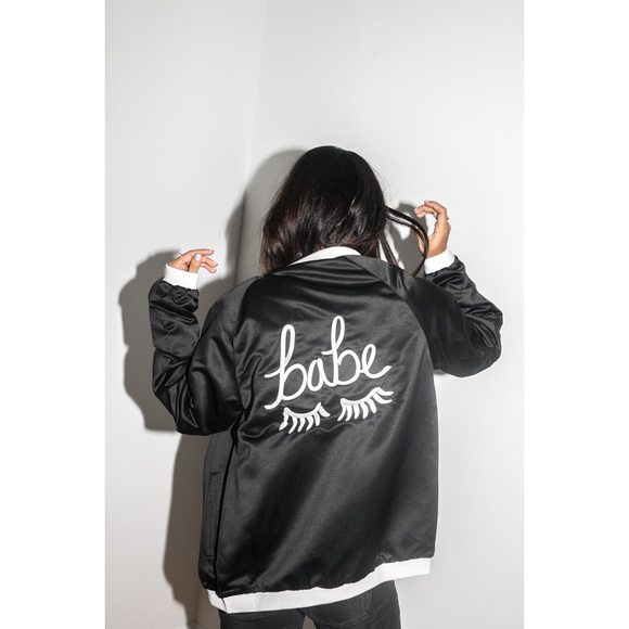 Black + White “Babe” Embroidered Bomber Jacket - Picture 3 of 6