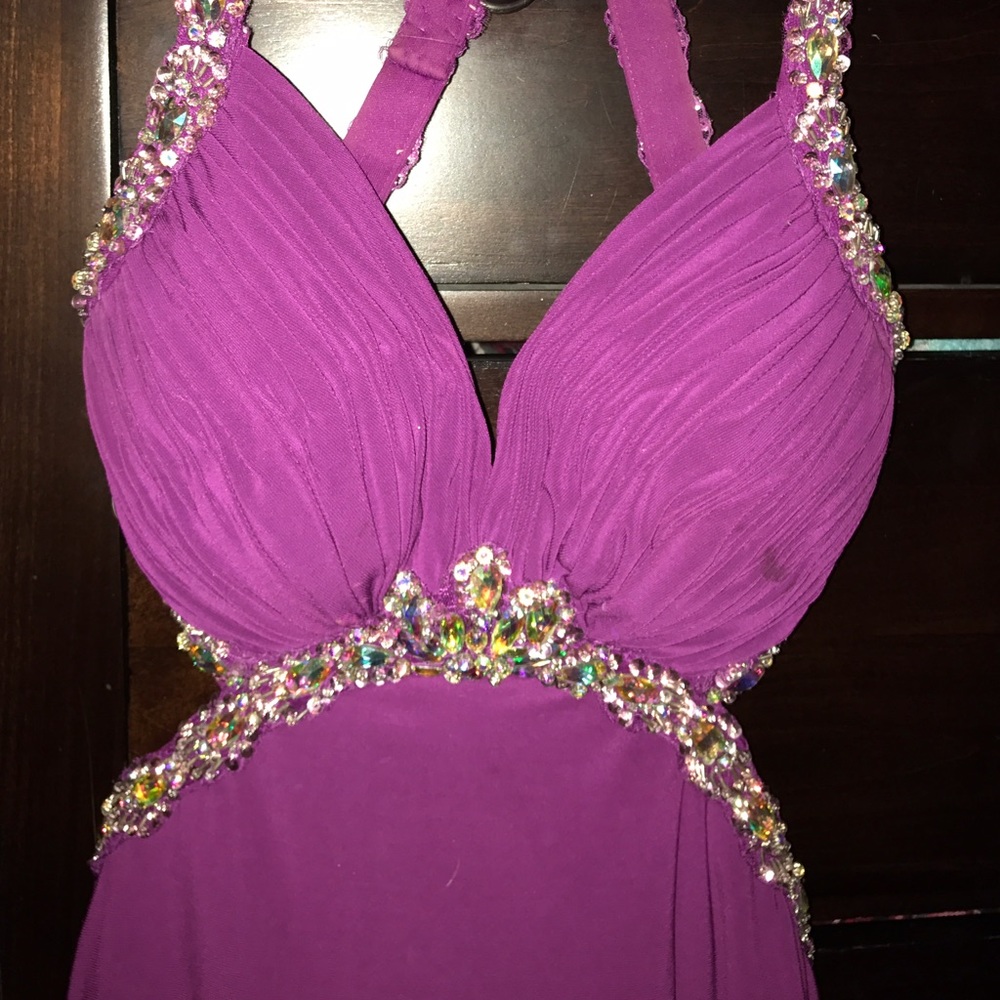 Tony Bowls Purple Beaded Open Back Prom Dress