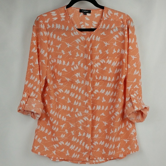 Element Tops - Elementz Bird print coral/peach roll up sleeve top