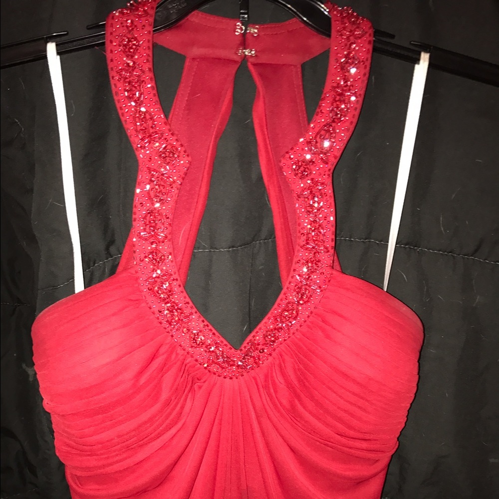 Red Beaded Open Back Prom Dress