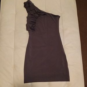 Grey - One Shoulder tight, ruffled dress.
