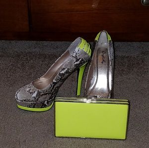Neon heeled Pumps w matching Clutch