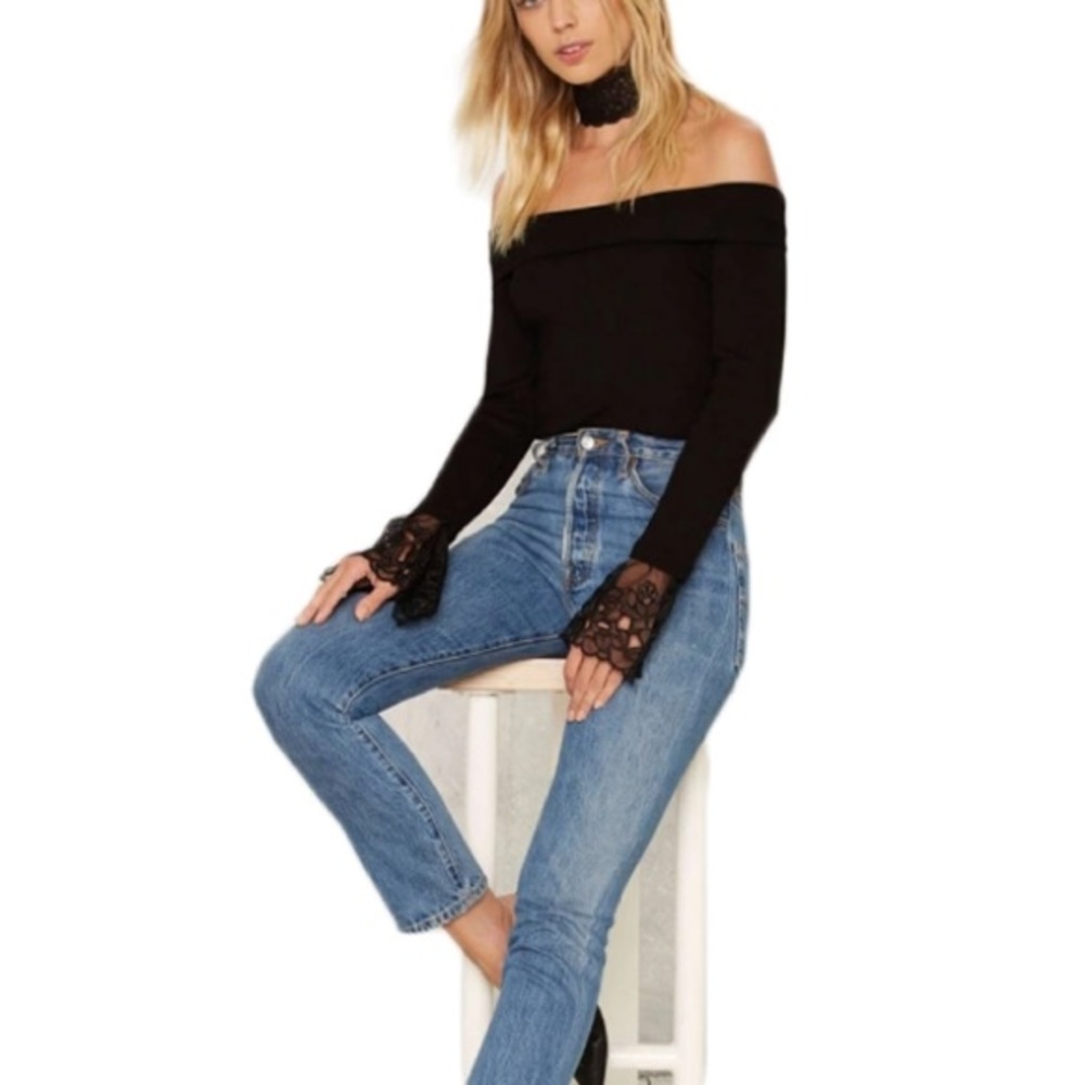 Off shoulder top with lace sleeve cuffs
