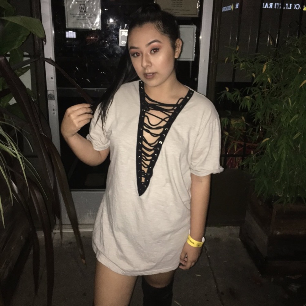 Cream/black Lace up shirt - Picture 1 of 2