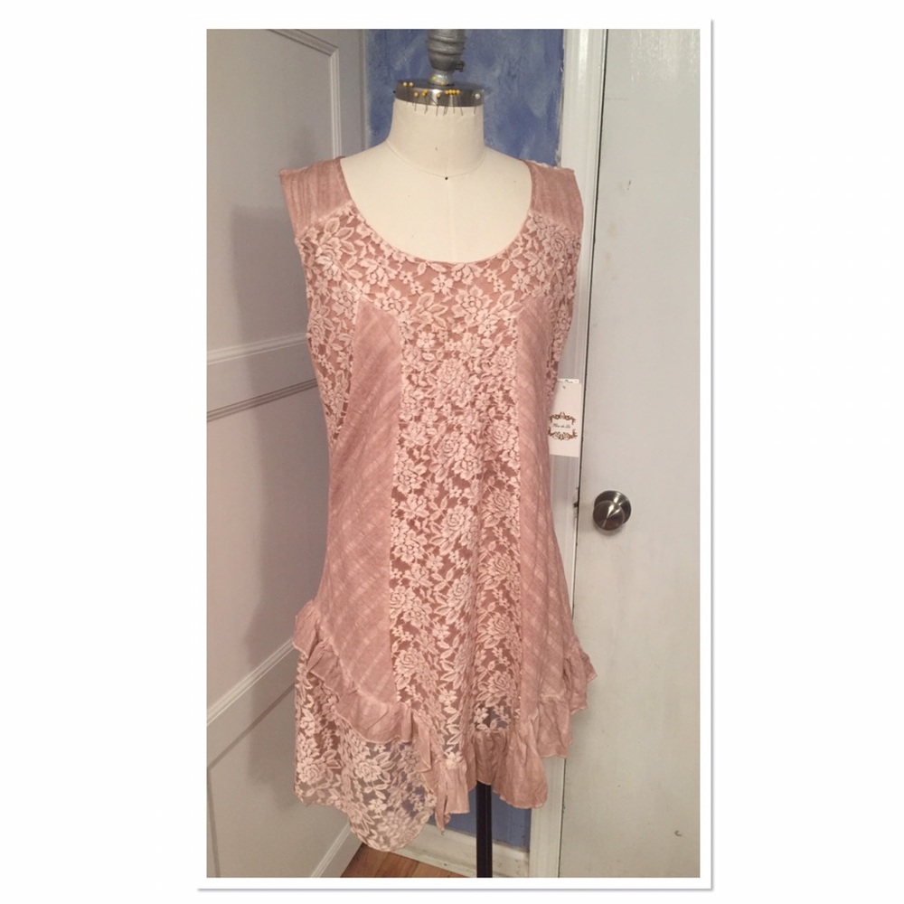 Blush Lace Asymmetrical Tunic Top w/Ruffles