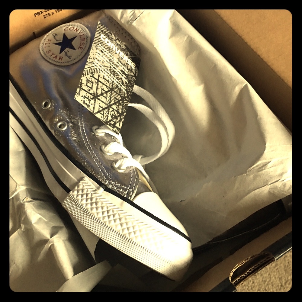 BRAND NEW CONVERSE SILVER HIGH TOPS