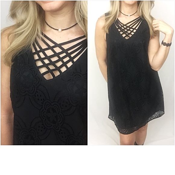 Criss Cross Lined Lace LBD Tunic Slip Dress Small - Picture 2 of 4