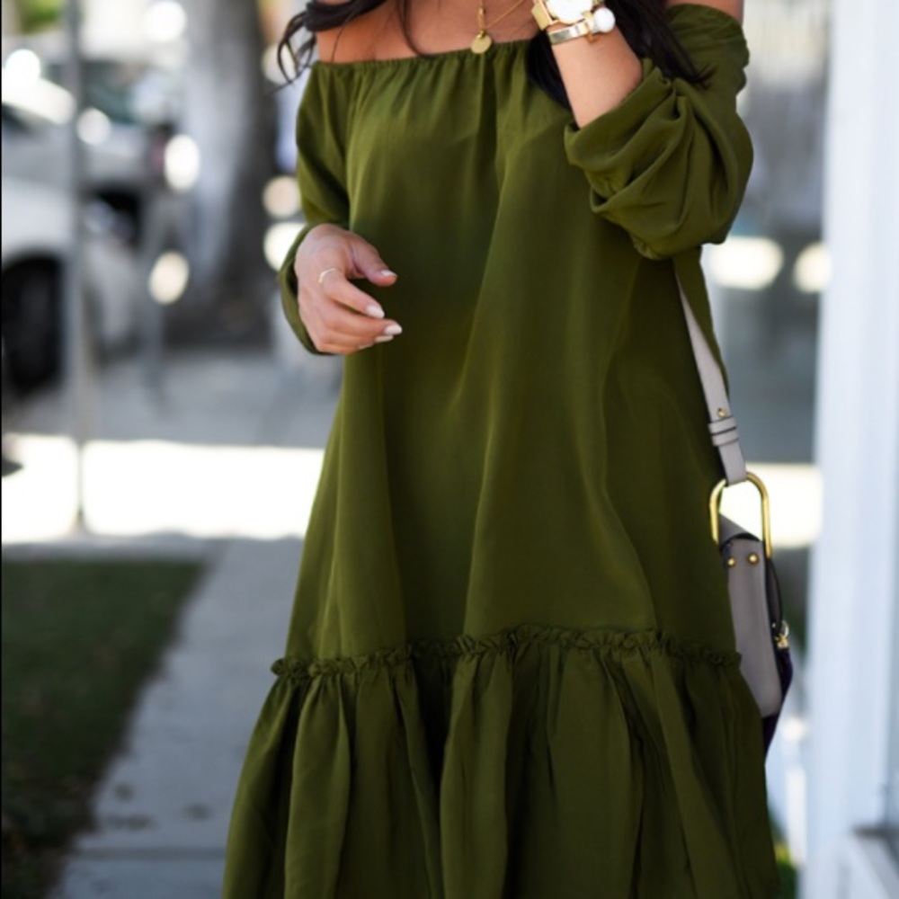 Cynthia Rowley green silk off the shoulder dress